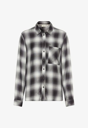 Black and white plaid long-sleeve shirt with a pocket, button-up front, and classic collar; smooth fabric with a slight sheen.