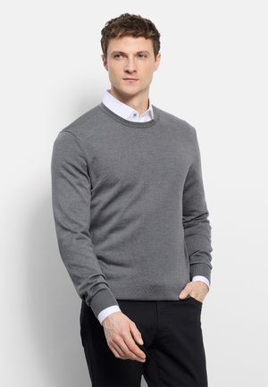 Mann, der einen grauen Rundhalspullover über einem weißen Hemd trägt, mit schwarzer Hose, stehend vor einem schlichten weißen Hintergrund.