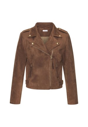 Braune Kunstlederjacke mit tailliertem Design, diagonaler Reißverschlussöffnung, Schulterklappen und goldfarbenen Hardware-Akzenten. Verfügt über seitliche Reißverschlusstaschen.