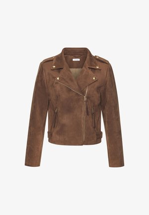 Braune Kunstlederjacke mit tailliertem Design, diagonaler Reißverschlussöffnung, Schulterklappen und goldfarbenen Hardware-Akzenten. Verfügt über seitliche Reißverschlusstaschen.