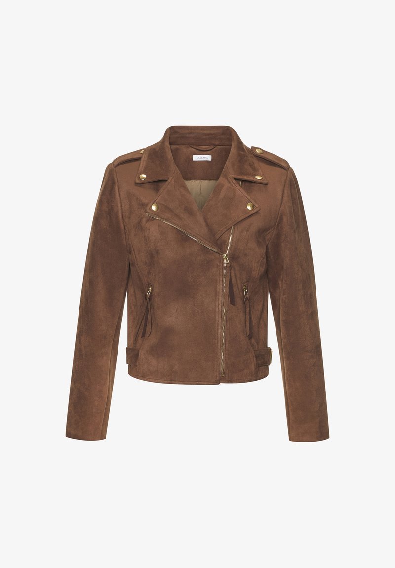 Braune Kunstlederjacke mit tailliertem Design, diagonaler Reißverschlussöffnung, Schulterklappen und goldfarbenen Hardware-Akzenten. Verfügt über seitliche Reißverschlusstaschen.