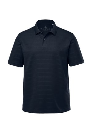 Marineblaues Poloshirt mit strukturiertem Streifenmuster, Zweiknopf-Leiste und kurzen Ärmeln. Hergestellt aus atmungsaktiver Baumwolle für zusätzlichen Komfort.