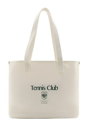 Sac cabas beige avec longues poignées, texte "Tennis Club" et logo avec l'année 1984 ainsi que le nom de la marque Mango au centre devant.