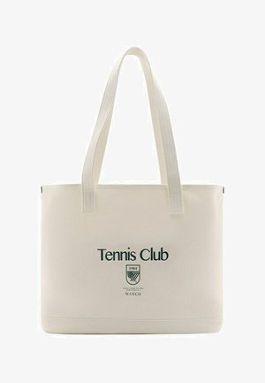 Sac cabas beige avec longues poignées, texte "Tennis Club" et logo avec l'année 1984 ainsi que le nom de la marque Mango au centre devant.