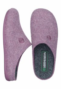 Purple felt slip-on slippers with a soft, textured exterior and grey insoles. Notable spiral embroidery and rubber soles for grip.