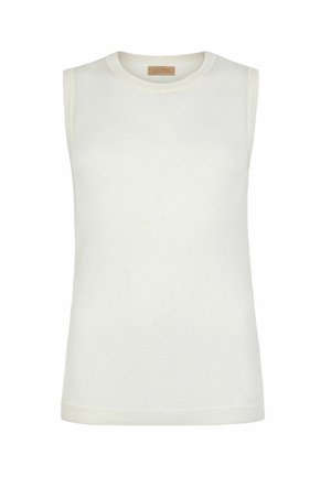 Ärmelloses weißes Strick-Top mit rundem Ausschnitt, geripptem Saum und Etikett innen am Kragen.