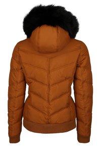 Brun polstret vinterjakke med hætte med sort pelskant, ribbede manchetter og kant, set bagfra.