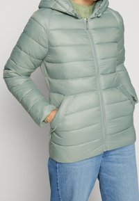 Lysegrøn dunjakke med hætte, fremhævet ved en frontlynlås, horisontal quiltning og sidelommer. Glat, skinnende ydre finish.