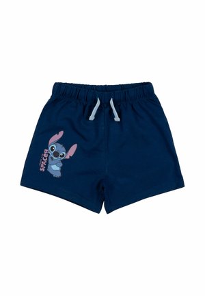 Pantaloncini per bambini blu navy con vita elasticizzata, coulisse bianca e grafica del personaggio Stitch con testo "Sweet Spacey" sulla gamba sinistra.