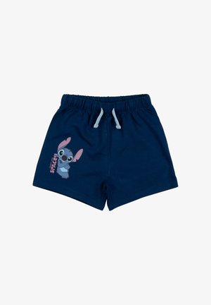 Pantaloncini per bambini blu navy con vita elasticizzata, coulisse bianca e grafica del personaggio Stitch con testo "Sweet Spacey" sulla gamba sinistra.