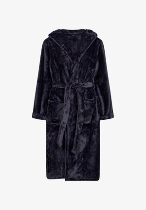Bata de baño de felpa azul marino hecha de material suave, con capucha, mangas largas, dos bolsillos frontales y un cinturón a juego.