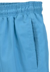 Pantaloni corti azzurri realizzati in tessuto liscio, dotati di una cintura elastica e tasche laterali con dettagli di cucitura pulita.