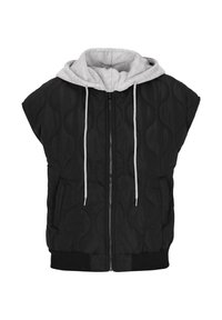 Gilet trapuntato nero con spalle larghe, zip frontale, cappuccio grigio e lacci. Presenta due tasche laterali e orlo a coste.
