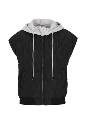 Černá prošívaná vesta s širokými ramenními částmi, předním zipem, šedou kapucí a stahovacími šňůrkami. Obsahuje dvě boční kapsy a žebrovaný spodní lem.