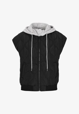 Czarna pikowana kamizelka z szerokimi ramionami, zamek błyskawiczny z przodu, szary kaptur i sznurki do ściągania. Posiada dwie boczne kieszenie oraz prążkowany dół.