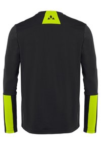 Schwarzes langärmliges Sportshirt mit leuchtend gelben Akzenten an den Ärmeln und einem dreieckigen Logo am Nacken, aus strukturiertem Stoff gefertigt.
