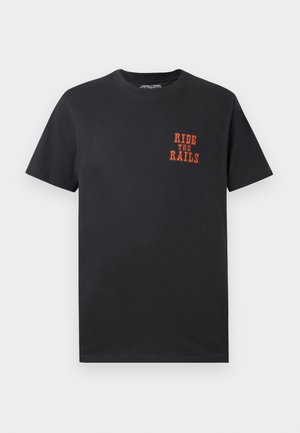 Black cotton t-shirt featuring a crew neck and short sleeves with orange text "RIDE THE RAILS" printed on the chest.