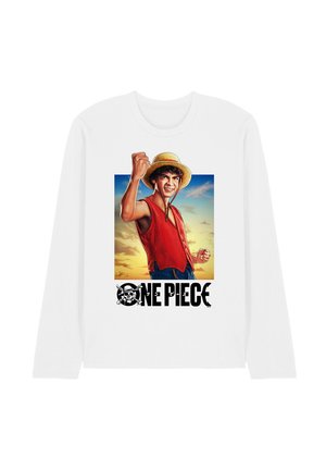 White long-sleeve shirt with a colorful graphic of a young man in a red vest and straw hat raising his fist, with "One Piece" text below.