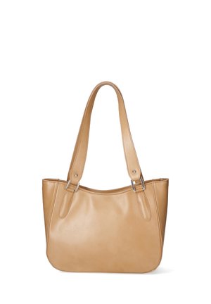 Sac fourre-tout en cuir tan avec deux poignées, texture lisse, forme ovale et quincaillerie argentée soulignant les points d'attache.