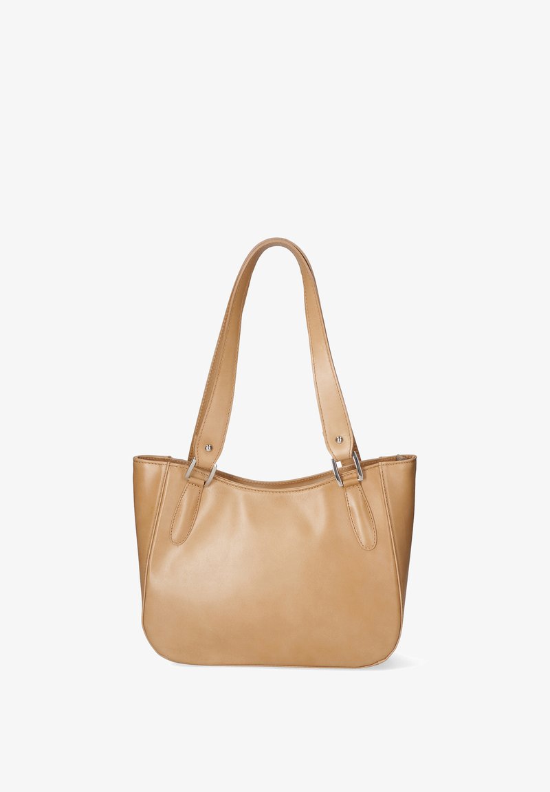 Sac fourre-tout en cuir tan avec deux poignées, texture lisse, forme ovale et quincaillerie argentée soulignant les points d'attache.