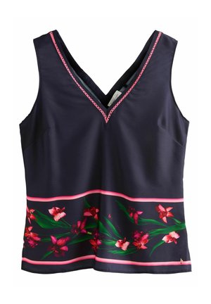 Marineblauw tanktop met een diepe V-hals, met roze accenten en een bloemenpatroon van roze orchideeën aan de onderrand. Soepele, lichte stof.