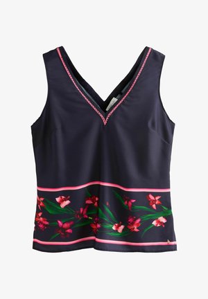 Navy blue tank top with a deep V-neckline, featuring pink accents and a floral pattern of pink orchids at the hem. Smooth, lightweight fabric.