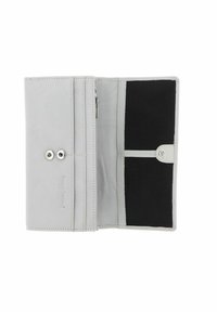 Portefeuille en cuir gris clair, texture lisse, deux fermetures à pression, plusieurs compartiments à l'intérieur, dont un avec une doublure en tissu noir.