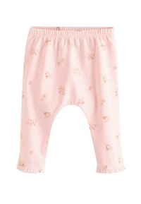 Rosa Baumwollhose mit weicher Textur, versehen mit einem floralen Muster in hellen Farben, elastischem Bund und rüschierten Knöchelbündchen.
