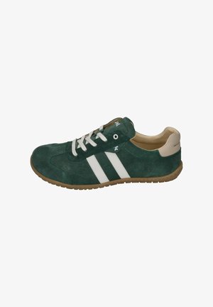 Green suede sneaker with white stripes and beige accents. Features lace-up closure and rubber outsole for grip. Side logo detail present.