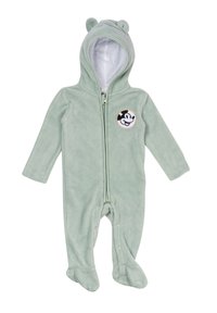 Tuta in pile verde con cappuccio e orecchie da orso. Chiusura anteriore con zip e polsini alla caviglia. Toppa di Topolino applicata sul petto. Tessuto morbido.