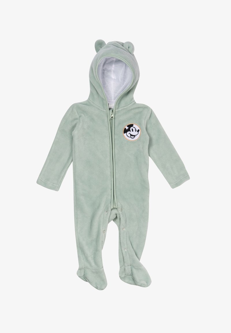 Tuta in pile verde con cappuccio e orecchie da orso. Chiusura anteriore con zip e polsini alla caviglia. Toppa di Topolino applicata sul petto. Tessuto morbido.