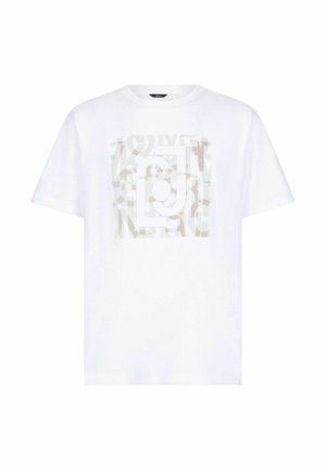 Balta trumpo rankovės marškinėliai su šviesiai beige abstrakčia grafika, sudarančia persidengiančius raides ir formas, centre ant priekinės dalies.