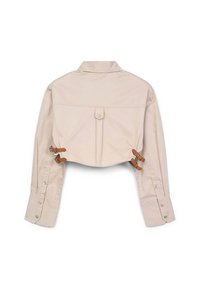 Giacca beige accorciata con maniche lunghe, dotata di polsini con bottoni, una tasca sul retro e dettagli in pelle sui lati. Tessuto dalla texture liscia.