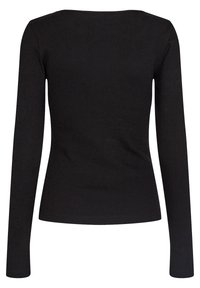 Zwarte longsleeve top van ribstof, met een aansluitend ontwerp en een brede halslijn, met een gladde textuur en zonder zichtbare hardware.