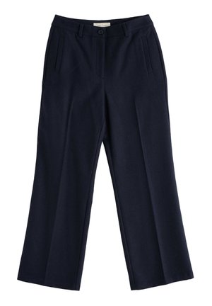 Navy blue wide-leg trousers with front pockets, belt loops, and a button closure at the waistband.