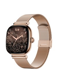 Smartwatch dorato con quadrante nero quadrato caratterizzato da incisioni floreali. Cinturino in rete metallica con chiusura sicura; batteria al 100%.