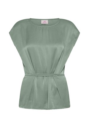 Lichtgroene satijnen blouse met een ronde halslijn, korte mouwen en een geplooide tailleband. Plissé details aan de voorkant zorgen voor textuur.