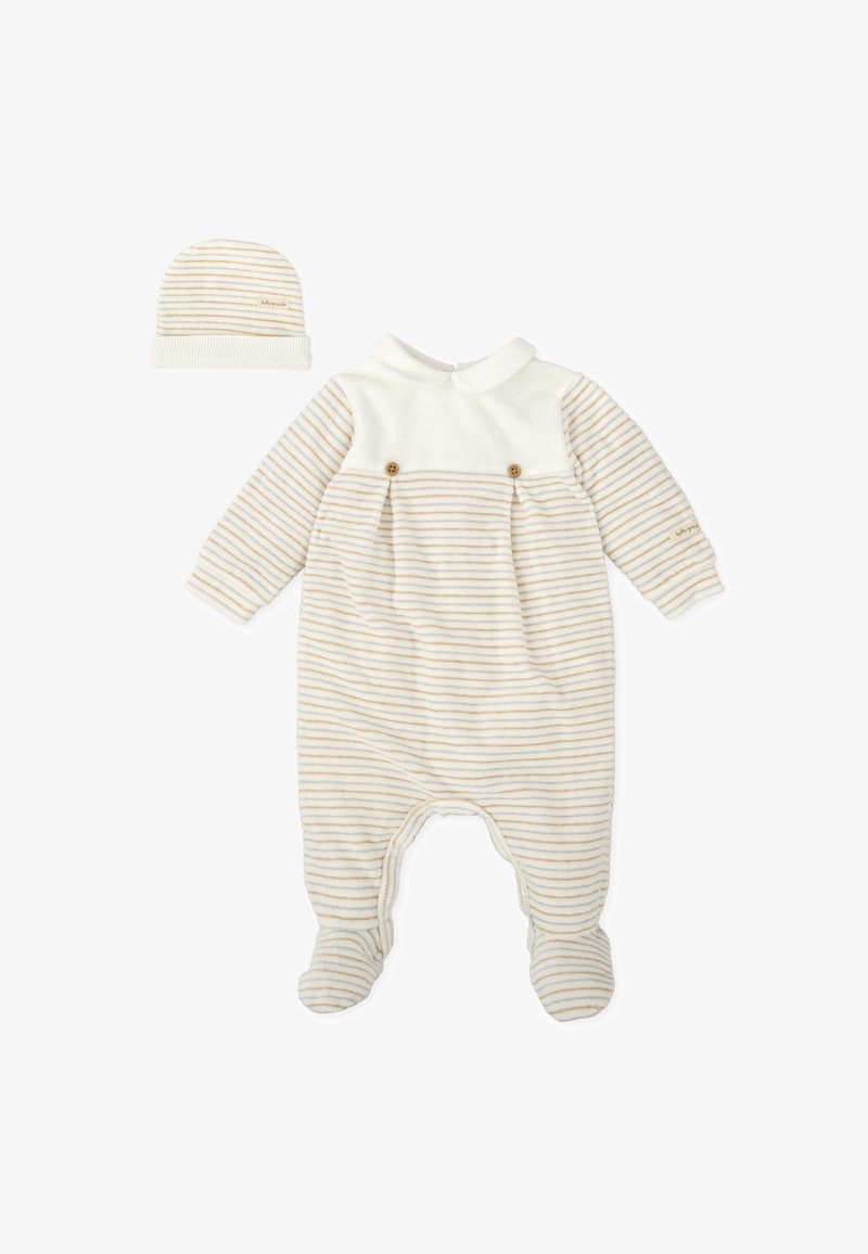 Rompers pour bébé rayé crème et beige avec manches longues, un col cranté et deux boutons en bois. Comprend un chapeau assorti à rayures.