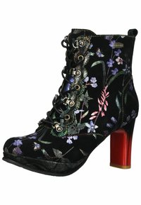 Black suede ankle boot with floral pattern in purple and green, lace-up design, metallic hardware, and red block heel.