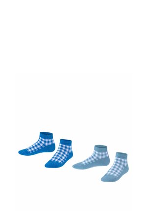 Trois paires de chaussettes de cheville : une bleue avec un motif à carreaux blancs, une bleu clair avec un design à carreaux, et une paire bleue unie.