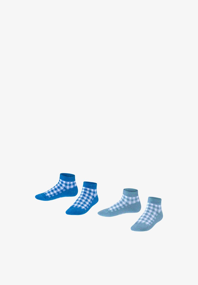 Trois paires de chaussettes de cheville : une bleue avec un motif à carreaux blancs, une bleu clair avec un design à carreaux, et une paire bleue unie.