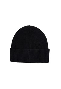 Cappello beanie nero in maglia con texture a costine, caratterizzato da un risvolto e un design della corona senza cuciture. Realizzato in un tessuto morbido e flessibile.