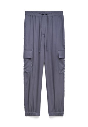 Gray cargo pants with an elastic waistband, drawstring, two side pockets, and elastic cuffs. Soft fabric with a smooth texture.