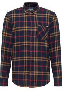 Geruit overhemd in marineblauw, rood en bruin; katoenen materiaal; knopjes aan de voorkant met lange mouwen; borstzak; ruitpatroon met contrasterende strepen.