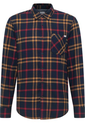 Sötétkék, piros és bézs kockás ing; pamut anyag; gombos kialakítás hosszú ujjal; mellzseb; kockás mintázat kontrasztos csíkokkal.