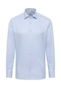 Lichtblauw button-up shirt van katoen, met een klein geometrisch patroon, lange mouwen en een gestructureerde kraag met manchetten.