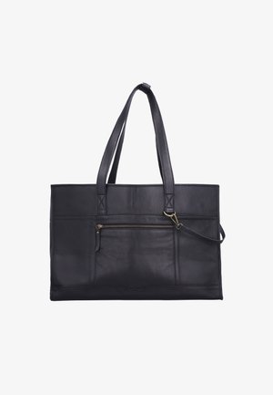 Borsa a spalla nera in pelle con due manici, una tasca frontale con zip e una superficie testurizzata. Presenta una forma rettangolare semplice e un design robusto.