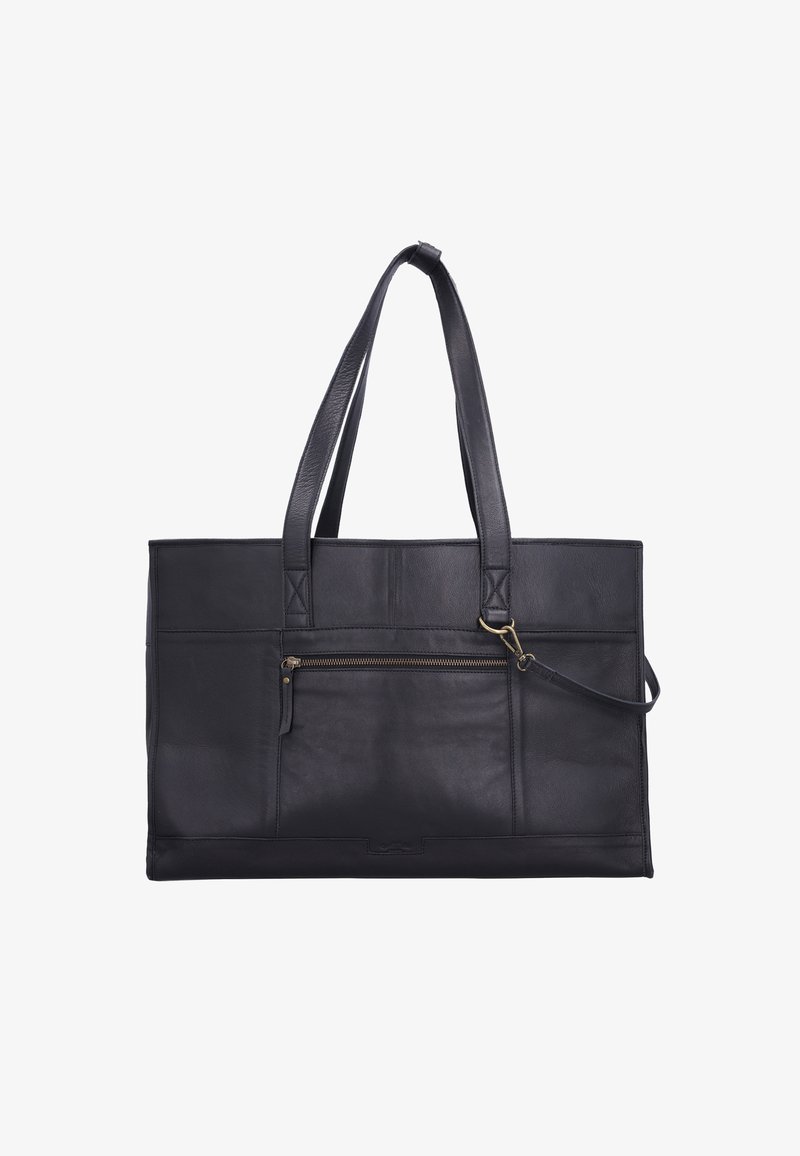 Svart läder tote-väska med två axelremmar, en framfick med dragkedja och en texturerad yta. Har en enkel rektangulär form och en robust design.