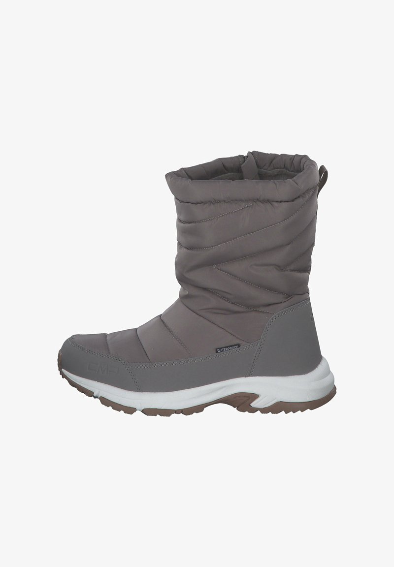 Grijze, gewatteerde winterlaars met een flexibele schil, ronde neus en gestructureerd bovenwerk. Beschikt over een witte zool en een waterdicht label aan de zijkant.
