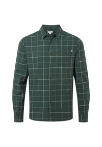Green plaid button-up shirt with long sleeves, featuring a left chest pocket and contrasting white grid pattern on a soft fabric.